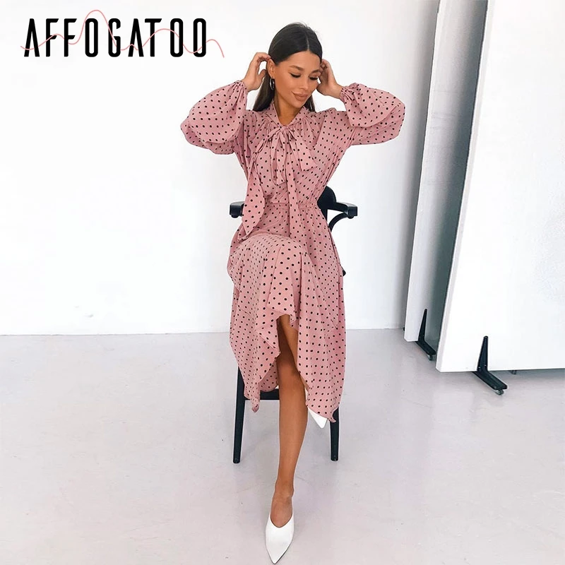 Женское длинное платье в горошек afogatoo розовое повседневное праздничное с