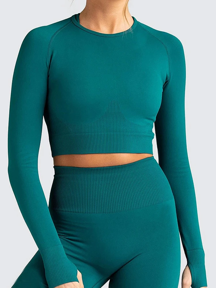 

Топ женский трикотажный бесшовный с круглым вырезом и длинным рукавом