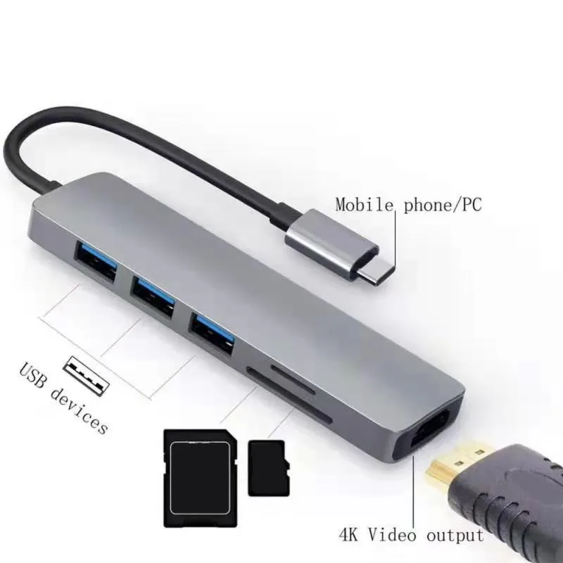 USB C 6 в 1 концентратор 4K Type-C к HDMI-совместимый адаптер док-ключ с PD зарядкой для Windows