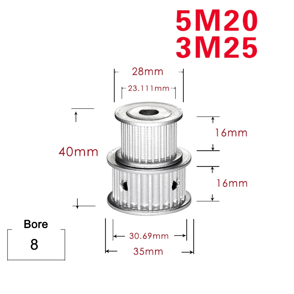 

Зубчатый шкив с двойной круглой головкой, зубчатая шестерня, Ширина 16 мм, отверстие 8 мм, 5M20/3M25, 1 шт.
