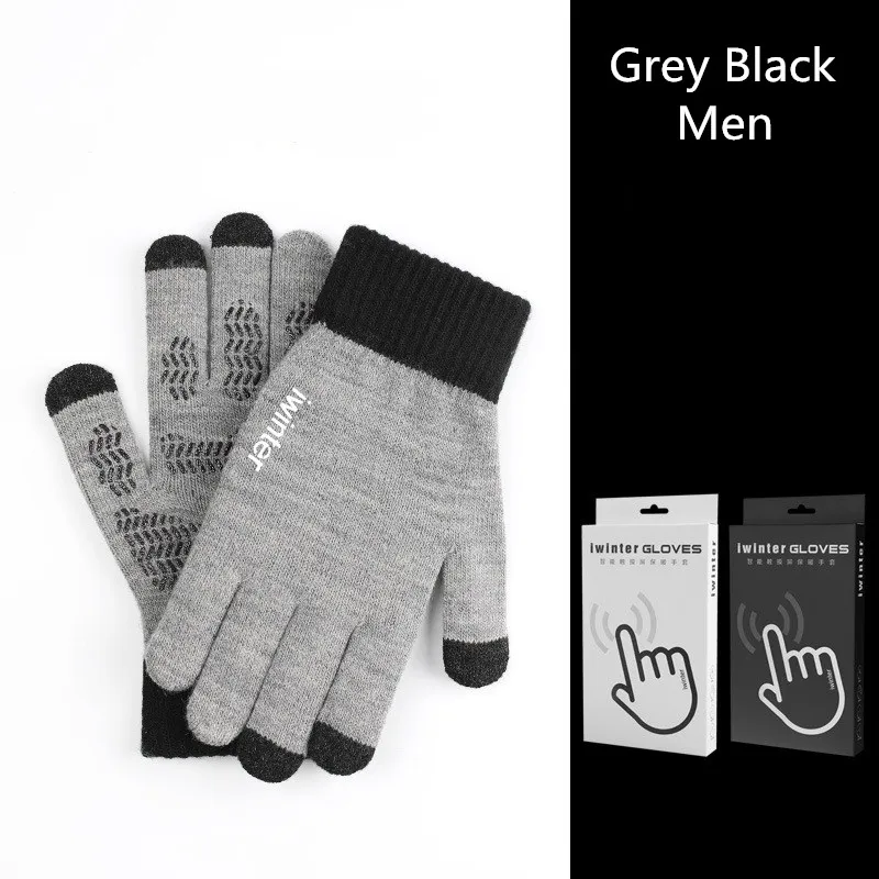 Grey Black Men Fashion Touch Screen Gloves Men Women Winter Warm Knitting Mittens Anti Slip Thicken Full Finger Guantes - Цвет: Grey Black Men