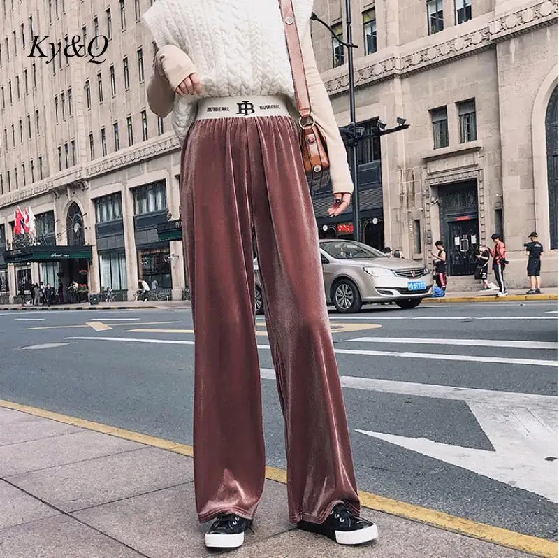 

Casual Warm Corduroy Wide Leg Pants Women autumn Embroidery Letter High Waist Loose Straight Pants Female Velvet Flare Trouser