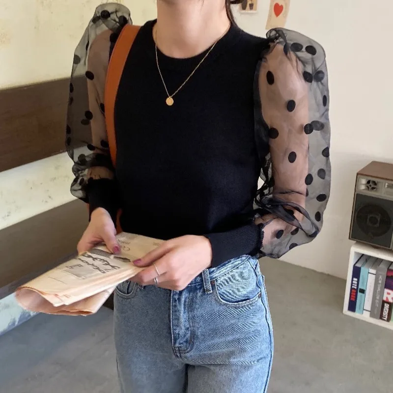 [EWQ] Новинка весны 2020 Женские топы и блузки с круглым вырезом пышными рукавами