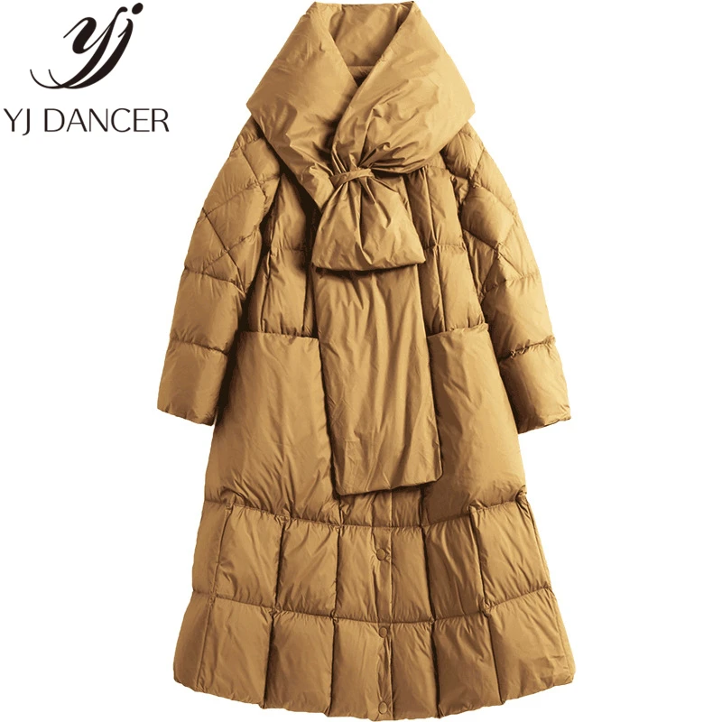 Женский пуховик толстый Повседневный длинный на белом утином пуху с шарфом