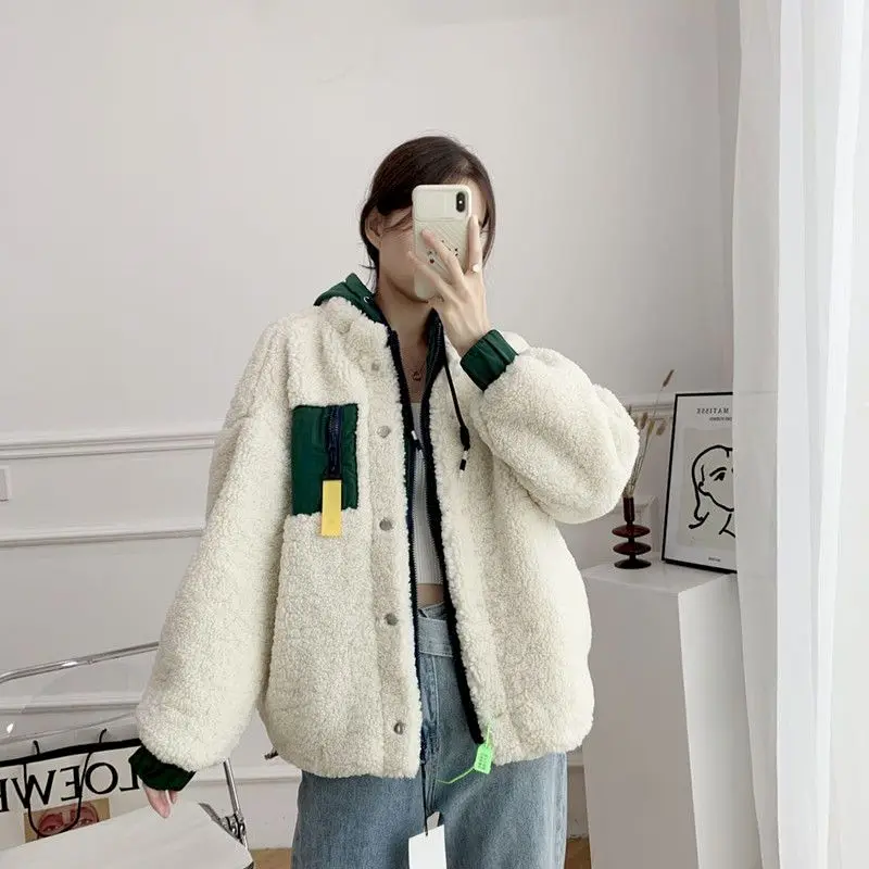 

Lamb Velvet Thicken Hoodies Women Autumn Winter Short Loose Stitching Cardigan Hooded Cotton Jacket Casual Fashion Womens Coat