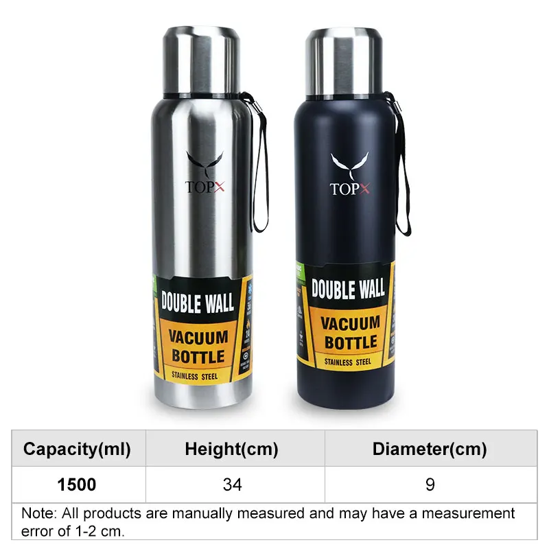 

TOPX Portable 1500ml Large Capacity Thermos Tumbler Stainless Vacuum Flask Insulated Tumbler Thermo Bottle With Cup Bag&Rope