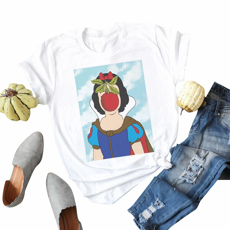 

White Snow Princess Disney Printed Funny Women White T-shirt Female Fashion Short Sleeve Harajuku Leisure Ladies Cartoon Tops