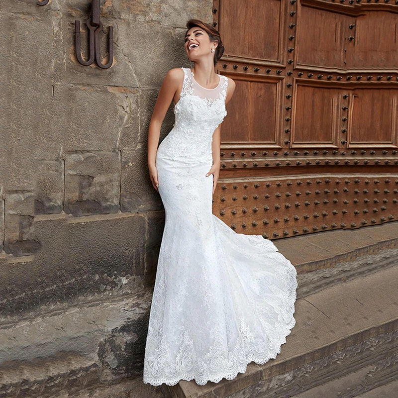 

YILIBER New Simple Wedding Dress Backless Sleeveless Design Chiffon Lace Bride Dresses Princess Dress Plus Size Tailor-made