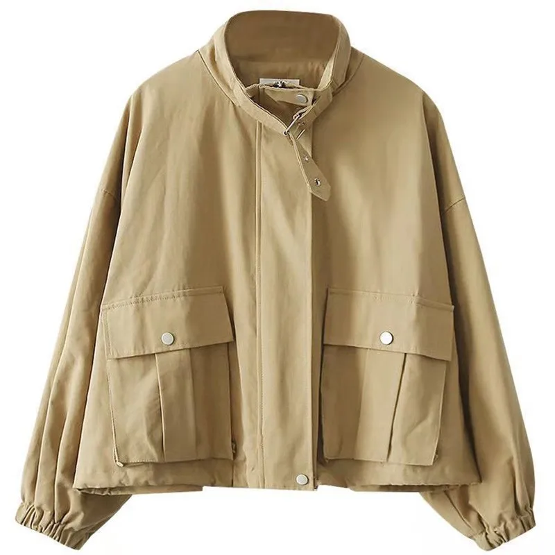 

2021 New Arrival Spring Korean Style Women Loose Casual Long Sleeve Stand Collar Jackets Big Pocket Cotton Zipper Coat W82