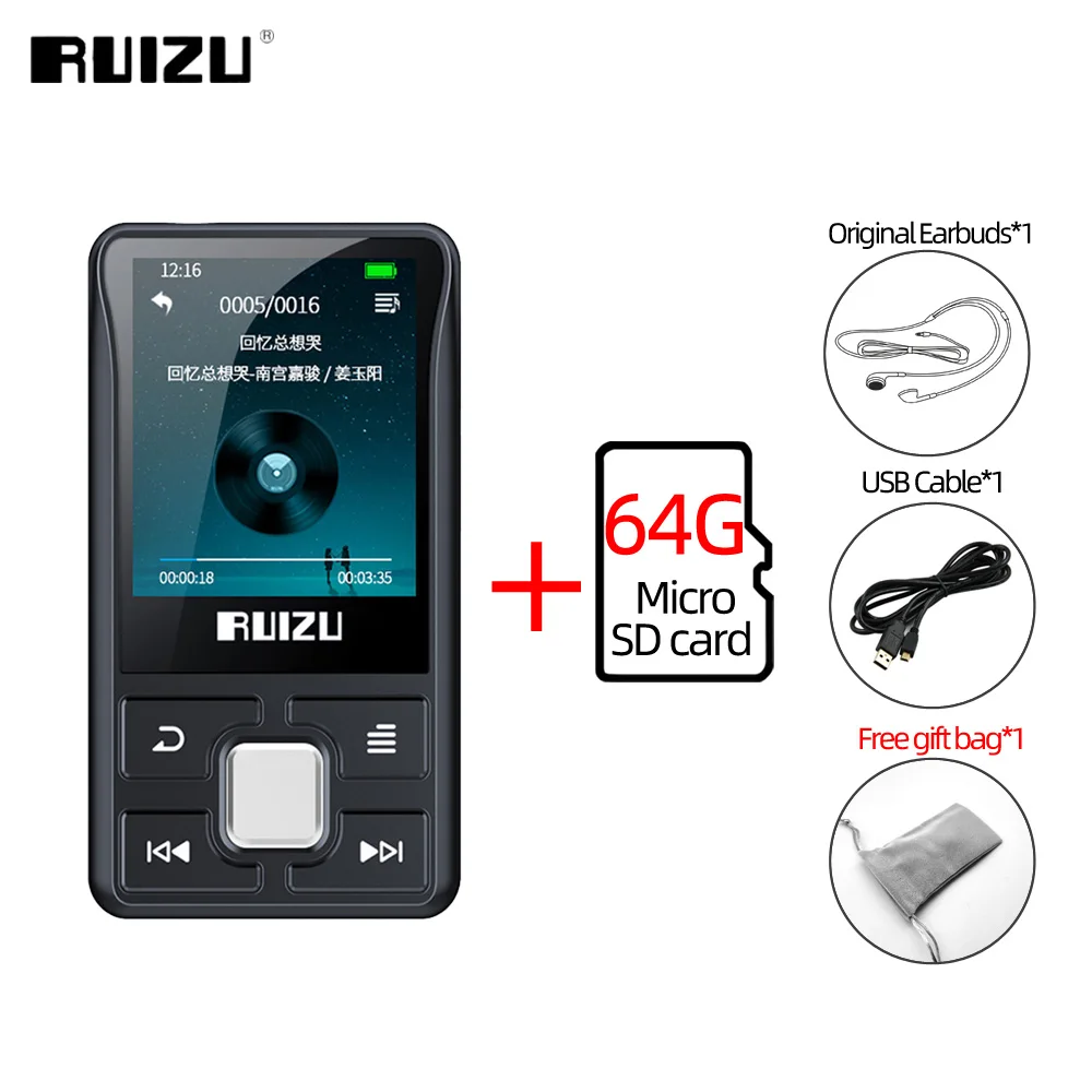 With 64GB TF Card RUIZU X55 Клип Спорт Bluetooth MP3 плеер 8 Гб мини с экраном Поддержка TF карты, FM, запись, электронная книга, часы, шагомер музыкальный плеер - Цвет: With 64GB TF Card