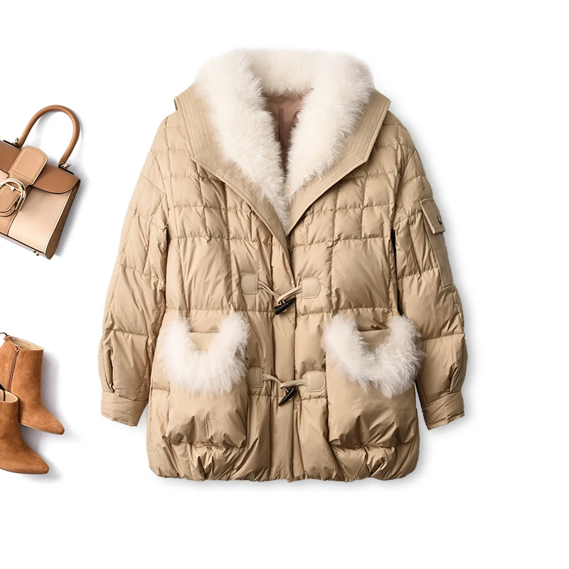 

SHUCHAN 90% белый гусиный пух пэчворк овечья кожа куртка Женская Шерсть Рог пуговицы широкой талией винтажное пальто