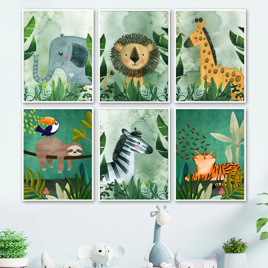 

Jungle Animals Lion Elephant Giraffe zebra Leopard Nursery Wall Art Print Canvas Painting Nordic Poster Decor Pictures Kids Room