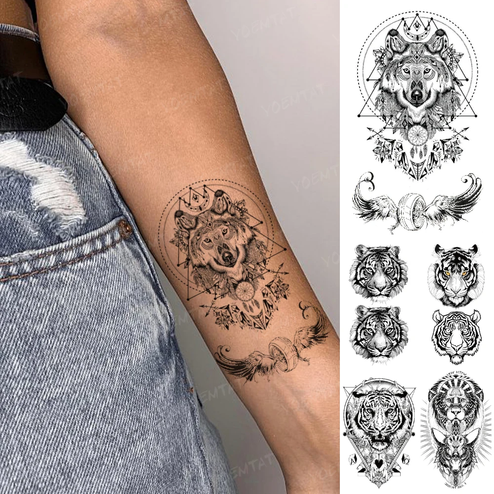 

Waterproof Temporary Tattoo Sticker Wolf King Ring Tiger Linear Geometric Animal Black Tatoo Arm Hand Fake Tatto Man Woman Child