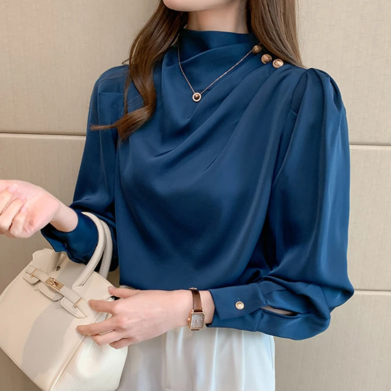 

LJSXLS Elegant Silk Tops Women Clothing 2022 Spring Autumn Long Sleeve Solid Chiffon Shirts Button Fashion Ladies Office Blouses