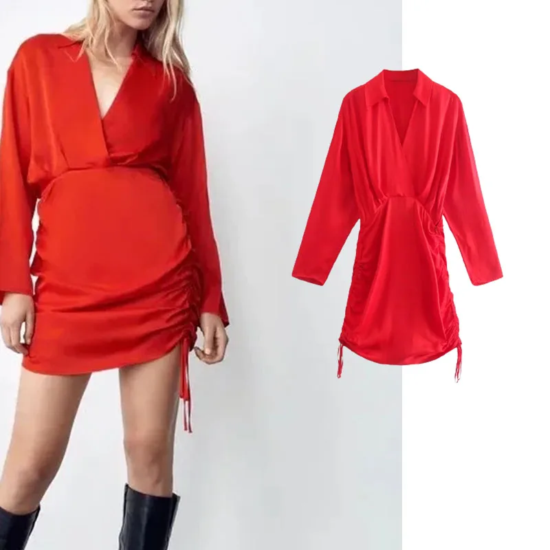 

Xypskh Za Women New Fashion Pleated Drawstring Sexy Mini Shirt Dress Vintage Long Sleeve Side Zipper Female Dresses Vestidos