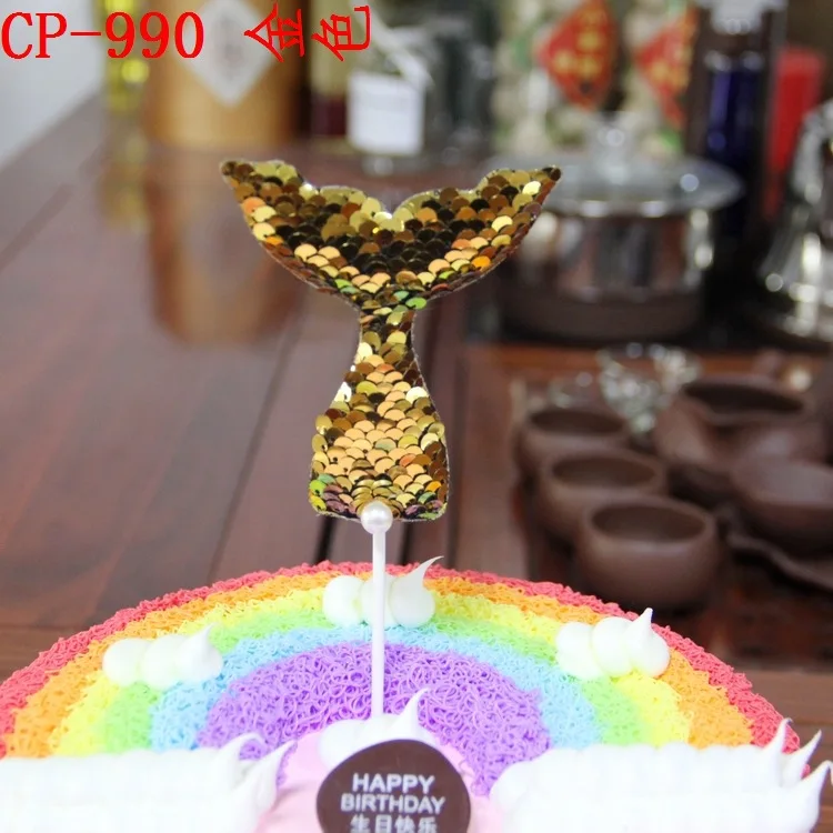 Ynaayu Mermaid Birthday Cake Topper Creative Shine Sequins Tail Insert Decoration Cupcake Flag For Party Supply | Дом и сад