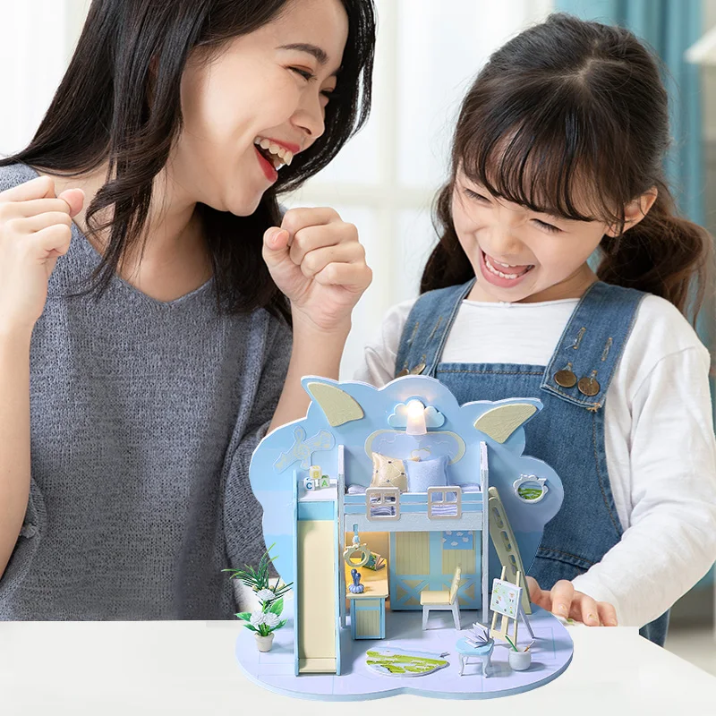 

Assemble DIY Wooden House Toy Wooden Miniatura Doll Houses Miniature Dollhouse toys With Furniture LED Lights Birthday Gift
