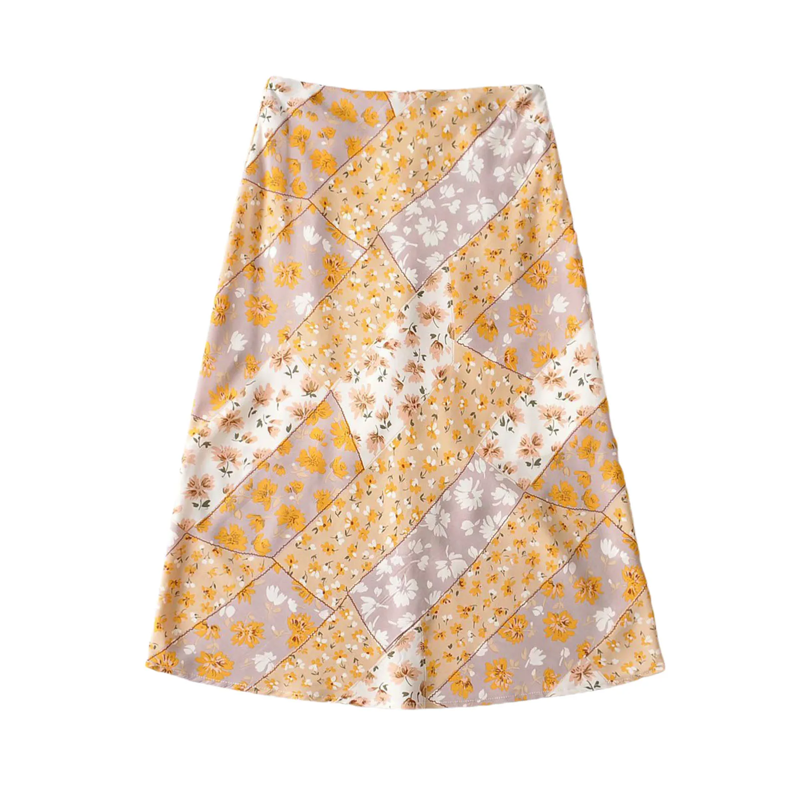 

2021 Female Skirt, Adults Floral Print High Waist Package Hip Midi Skirt A-Line Dress for Summer Autumn, Purple/Yellow, S/M/L