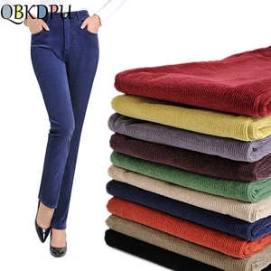 Брюки женские вельветовые с завышенной талией, свободные Стрейчевые штаны МОМ размера плюс, хлопковые прямые длинные брюки, черные, Осень-зима 2019