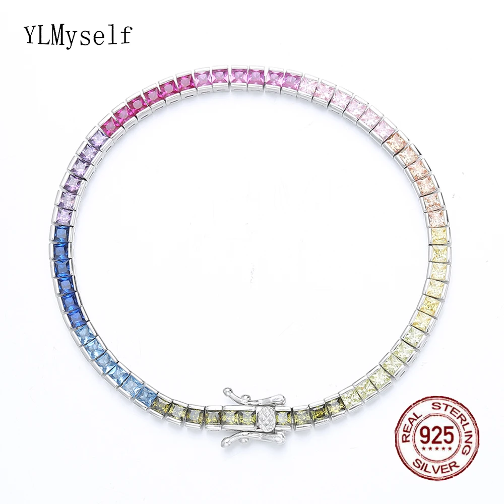 Pure Silver 17.5 CM Tennis Bracelet 4 mm Wide Square Chain With Full 2.5*2.5mm Bling Rainbow Zircon Real 925 Jewelry For Women