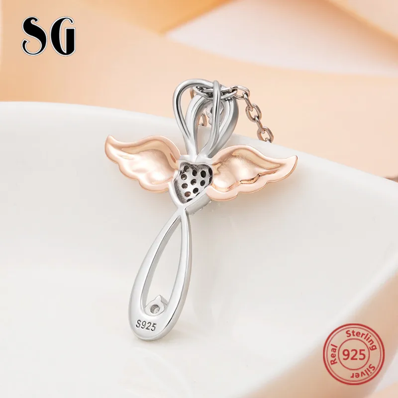 Серебро 925 пробы, крест с ангелами, подвеска, цепочка, ожерелье с CZ& розовое золото, крыло, сделай сам, модное ювелирное изделие для женщин, подарки
