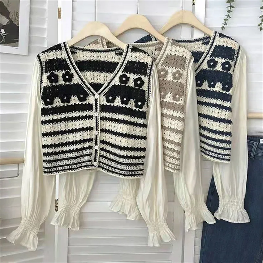 

French Style Vintage Shirt Floral Embroidery Crochet Crop Top Women Long Sleeve Knitted Cardigan Mujer Beach Holiday Wear Blusa