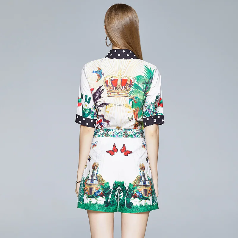 

Summer Runway Luxury Print Shorts Set Women Lapel Half Sleeve Green Shirts Blouses + Pocket Mini Pant Set Female 2 Piece Set