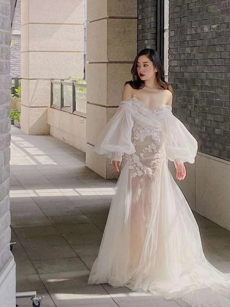 

2021 Шампанское свадебное платье Vestido de Noiva, сексуальное, свадебные платья-футляр шнуровка, буффы на рукавах, свадебные платья
