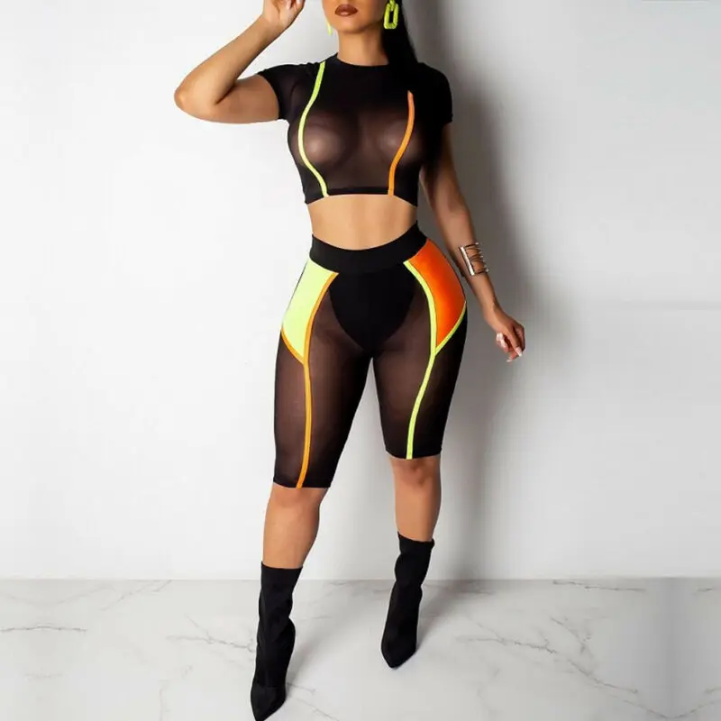 Women Summer 2Piece Set Crop Top and Shorts Bodycon Outfit Short Mesh Jumpsuit see through sexy women suit sportswear |