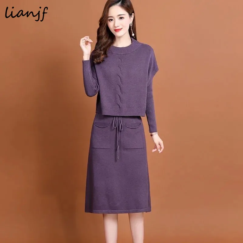 

Винтажный комплект из двух предметов, Женская юбка с длинным рукавом, женское сексуальное трикотажное элегантное платье, осенний свитер дл...