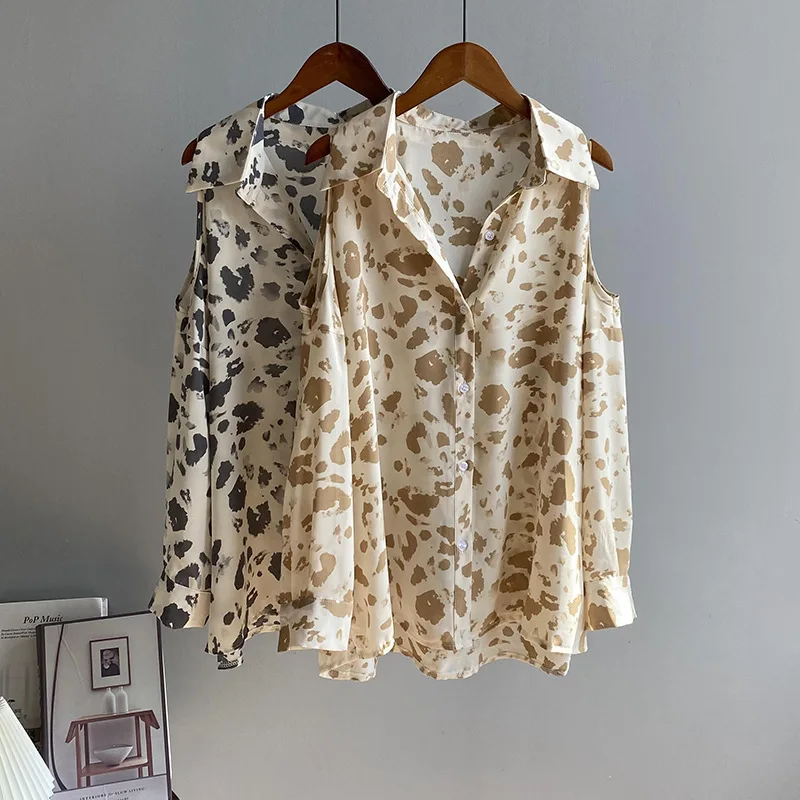 

Chic Print Off Shoulder Long Sleeve Women Blouses Turn-down Collar Loose Casual Button-up Shirt 2021 Summer Bf Chiffon Blusas