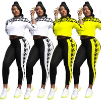 new printed two piece set women crop hoodie bodycon pencil trousers slim jogger fitness gym clothing sports outfits