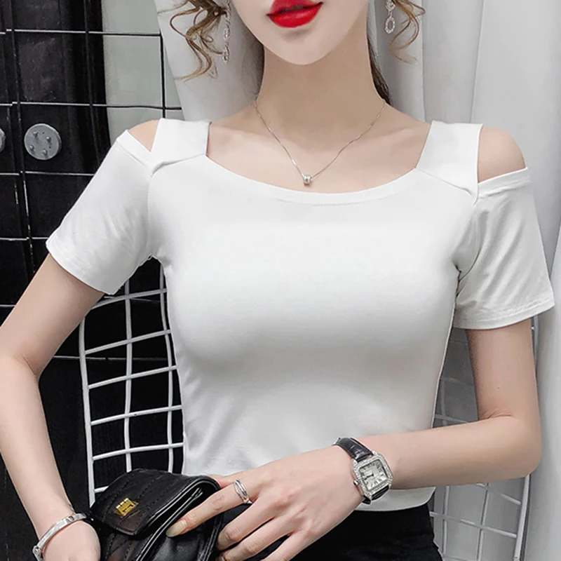 

2021 Tee Shirt Femme Cotton T Shirt Women Summer Top Mujer Off Shoulder Short Sleeve Tees White Casual All-match Poleras Mujer