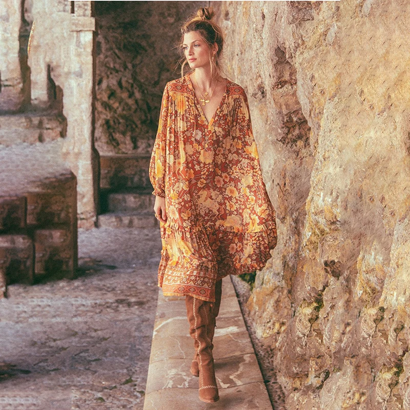 Женское винтажное длинное платье в стиле бохо с цветочным принтом и v образным