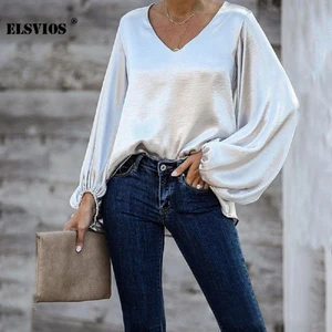 Повседневные Простые Новые однотонные футболки с v-образным вырезом, модные осенне-зимние свободные пуловеры с длинными рукавами, элегантные офисные женские футболки