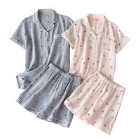 summer new ladies 100 gauze cotton cute cartoon peach printed household pajamas set turn down collar topshorts 2pcssleepwear