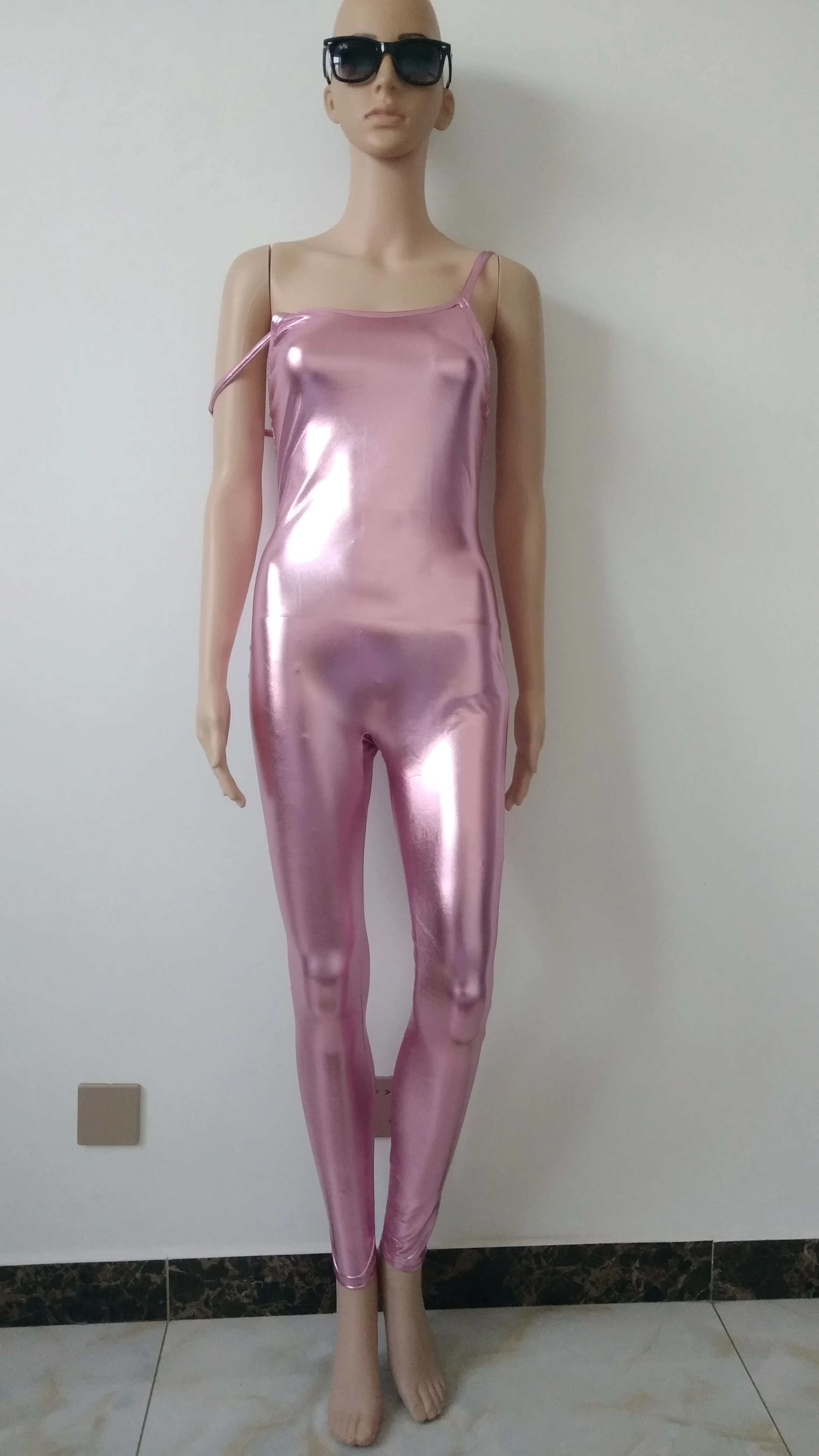 Пикантные женские розовые блестящие металлические костюмы Zentai комбинезон на