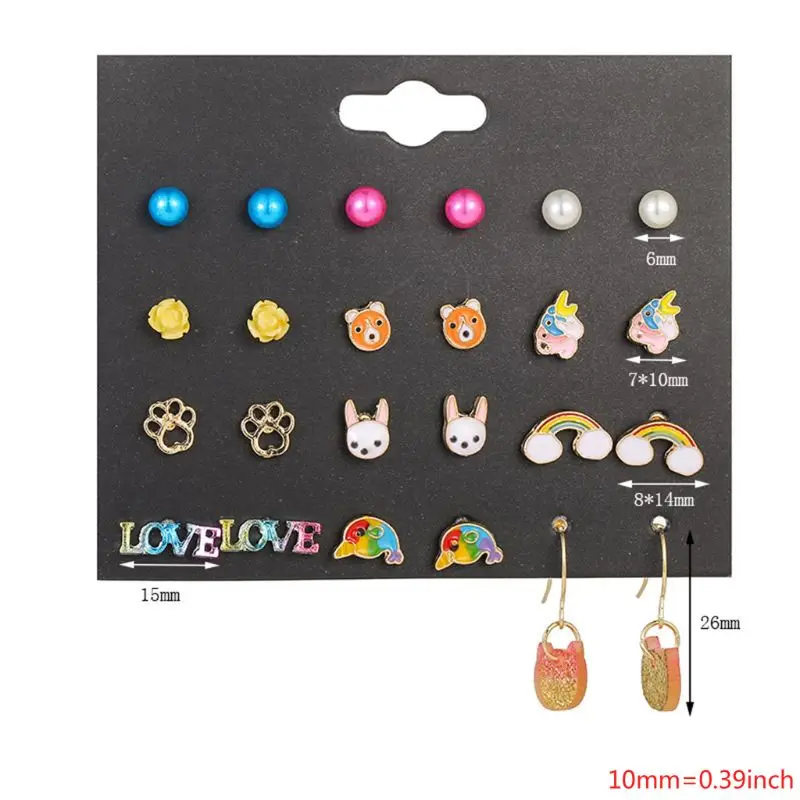 

12 Pairs/lot Cute Kids Stud Earring Set Lovely Licorne Rainbow Owl Love