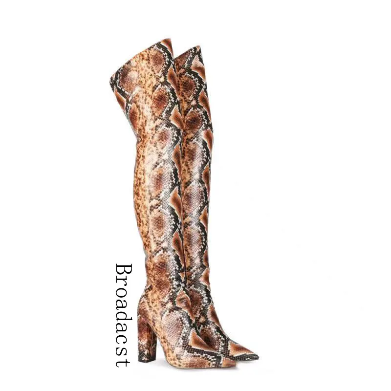 Broadcast Autumn and winter Ladies 2021 New Style PU Fashion Multicolor
Snake Print High Thick Heel Over The Knee Ladies Boots