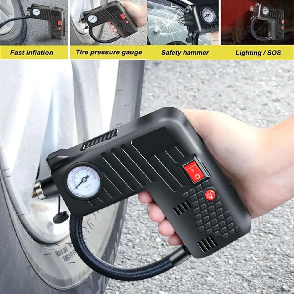 50% HOT SALES!!!12V Portable Car Tire Pressure Gauge Air Inflator Pump with LED Safety Hammer