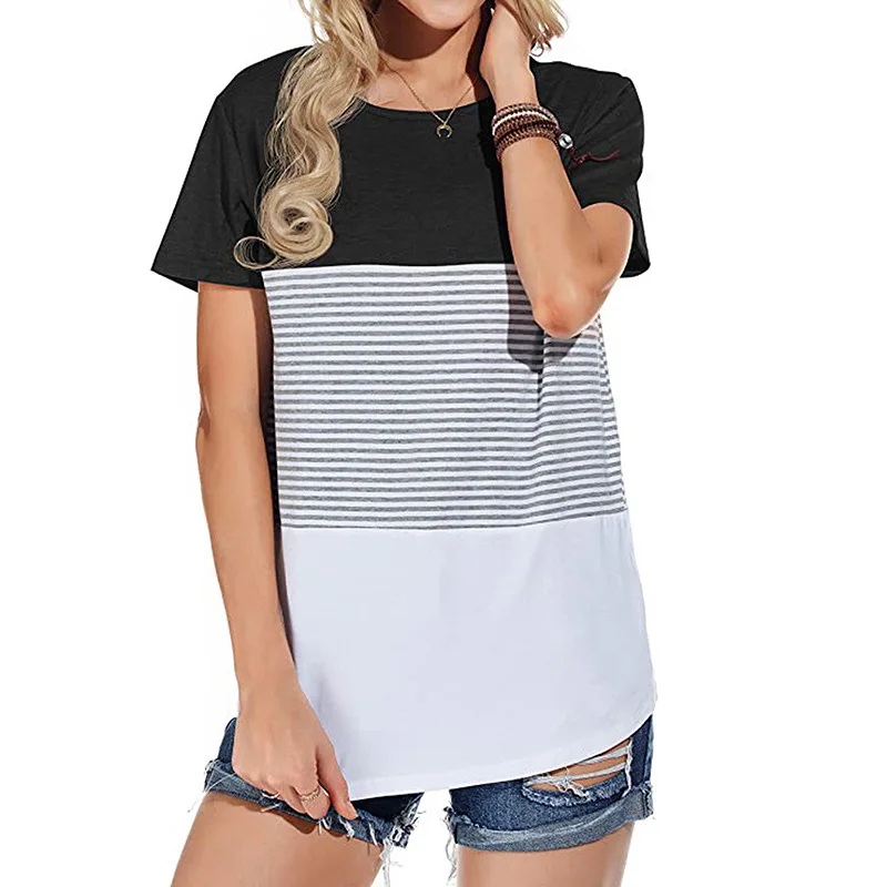 

Women's Tops Leopard Matching Striped Short Sleeve Tops Harajuku Summer Ladies Fashion Casual Round Neck Top Tee Tunic 2021 New
