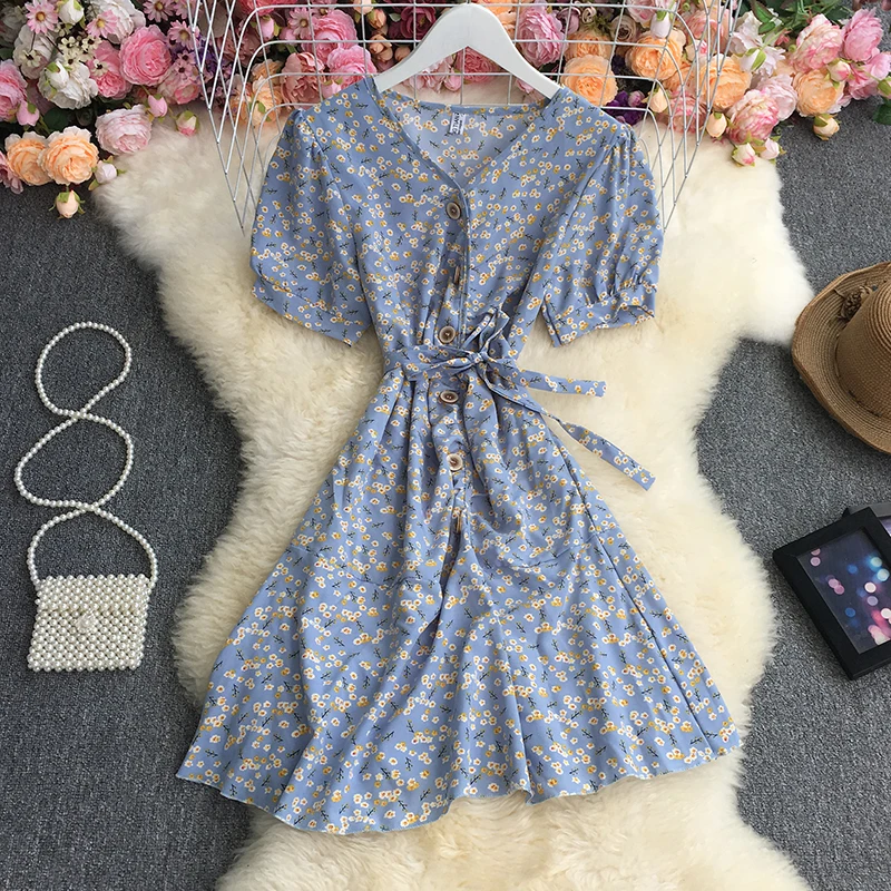 

2021 New Fashion Butotn Up Chiffon Dress Women Summer Floral Print French Dresses Casual Clothing Party Mini Dress Vestido Mujer