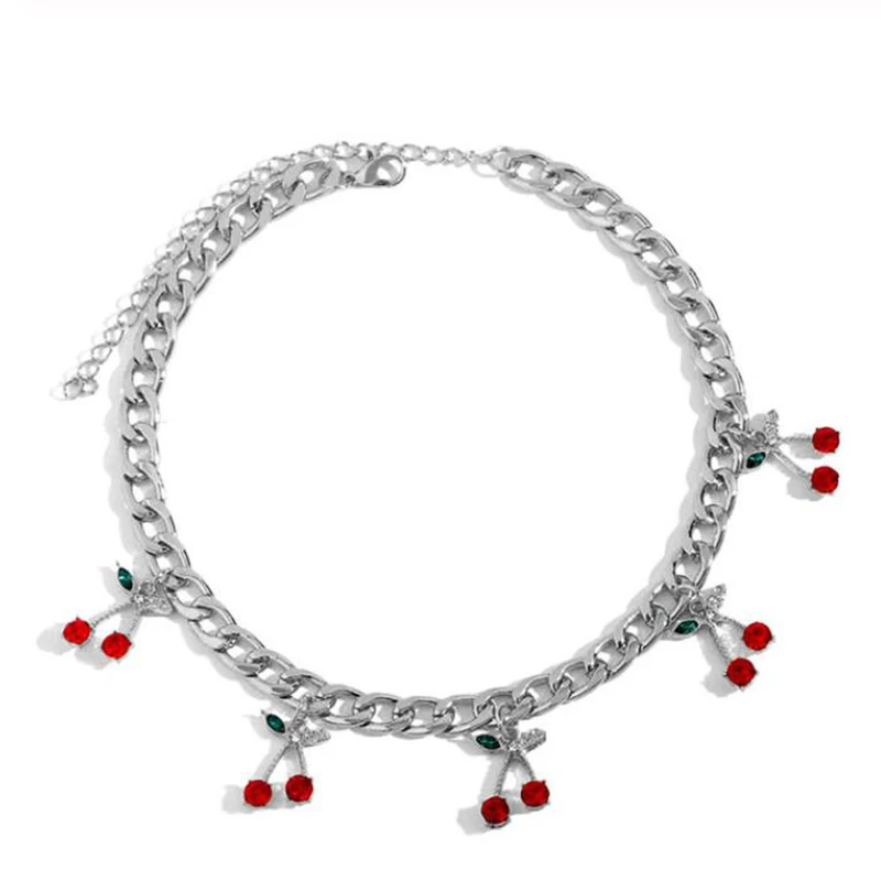 

Duoying Charm Rhinestone Cherry Pendant Necklace for Women Statement Tennis Chain Choker Crystal Collar Girls Hip Hop Jewelry