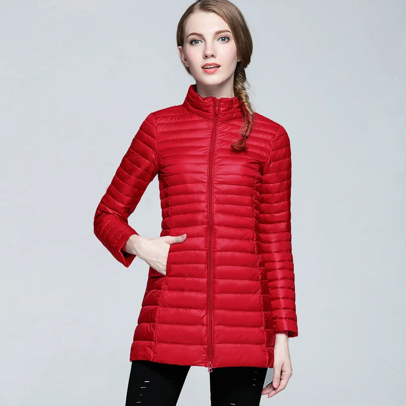 

New Autumn Winter Women White Duck Down Jacket Female ultra Light Slim Thin Zipper Warm Feather Long Down Coat