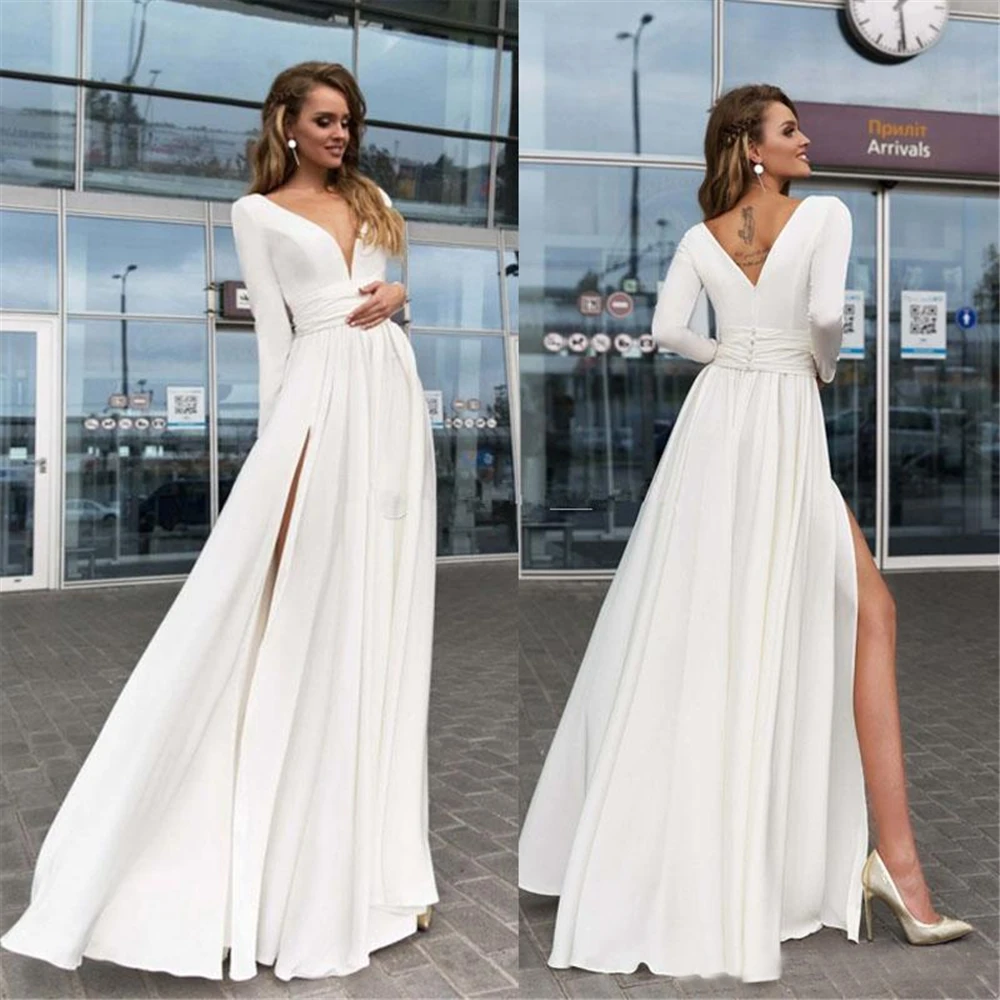 V-Neck NONE Train Formal Dresses Thigh-High Slits Prom Party Gown Elastic Satin A Line Evening Dress Long Sleeve Floor-Length | Свадьбы и