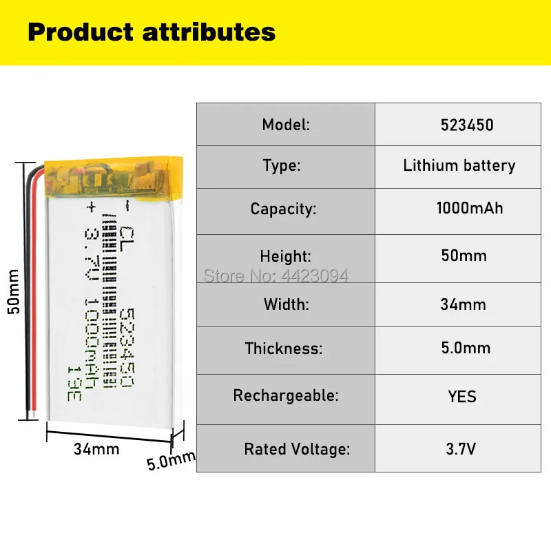 523450 3.7V 1000mAH [503450] PLIB polymer lithium ion / Li-ion battery for GPS mp3 mp4 mp5 dvd bluetooth model toy LED Lamp | Электроника