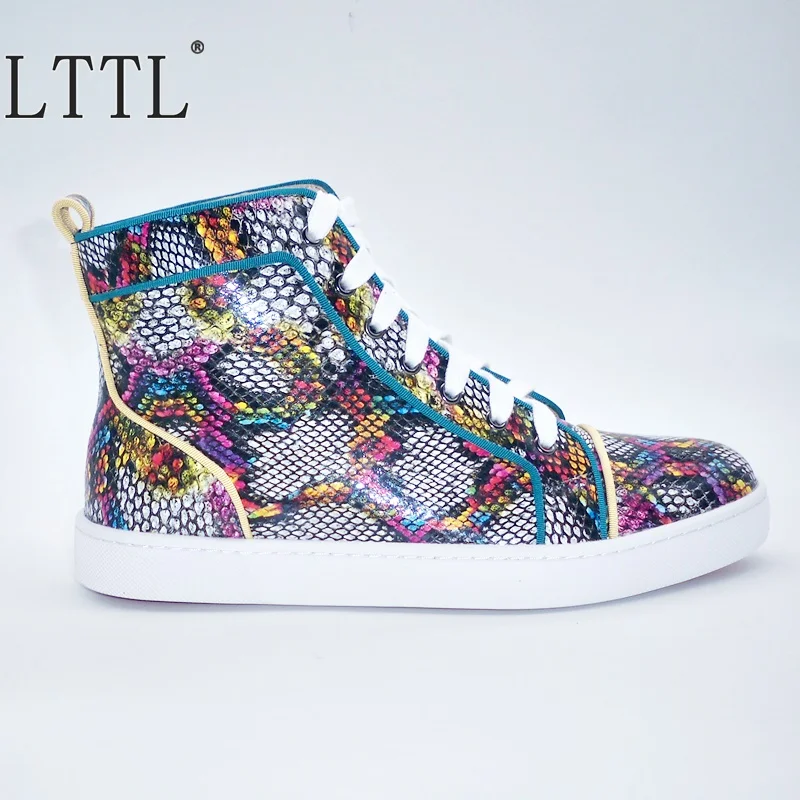 LTTL New Fashion Snakeskin Pattern Leather Shoes Men Handmade Lace-up High Top Sneakers Breathable Casual Autumn Boots | Обувь