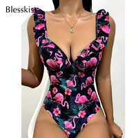 blesskiss sexy push up monokini swimsuit women one piece swimwear 2021 printed floral ruffle high leg brazlian swim bathing suit