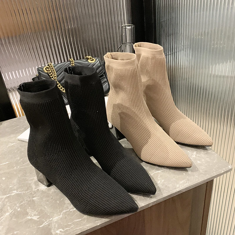 

Pointed Toe Autumn Winter Women Ankle Boots Stretch Knitting Sock Boots High Heels Female Slip on Ladies Shoes Woman Boots