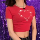 Y2K Эстетическая красная Детская футболка с алмазным сердцем, милые футболки с рисунком Kawaii, 2000s, женские футболки с коротким рукавом, лето 2021, Harajuku